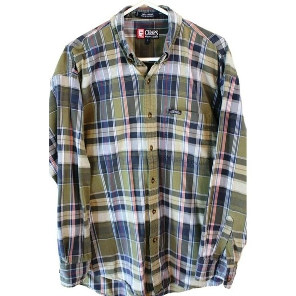 Chaps Ralph Lauren Plaid Shirt Blue Green Long Sleeve Button Front Large Cotton - Picture 1 of 10